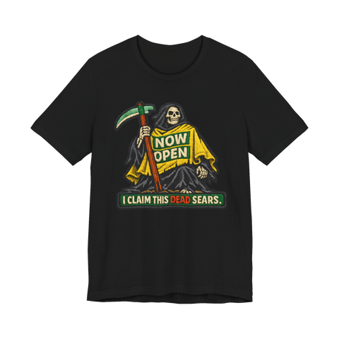 Seasonal Conqueror T-Shirt — Halloween Store Reaper Meme Grim Retail — Black
