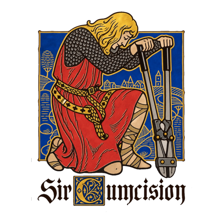 Sir Cumcision Sticker — Circumcision Knight Medieval Art Crude Pun — White