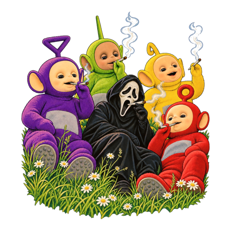 Slasher Tubby Time Sticker — Funny Teletubbies Ghostface Smoking Weed — White
