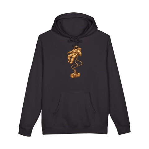 Etched astronaut floating in space on a rope tied to a cinder block, on a hoodie — Black