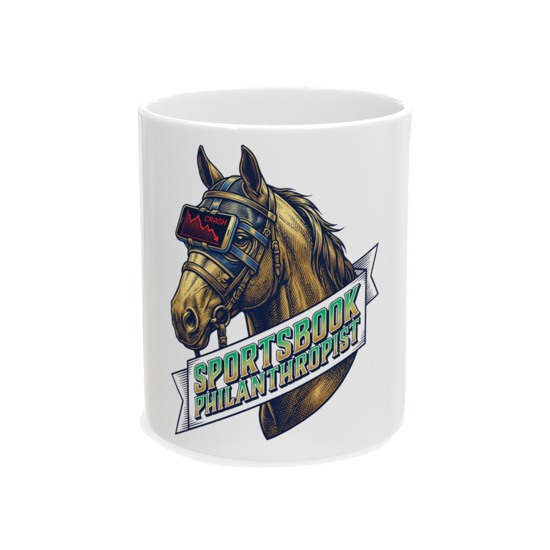A white coffee mug featuring the text Sportsbook Philanthropist for sports bettors