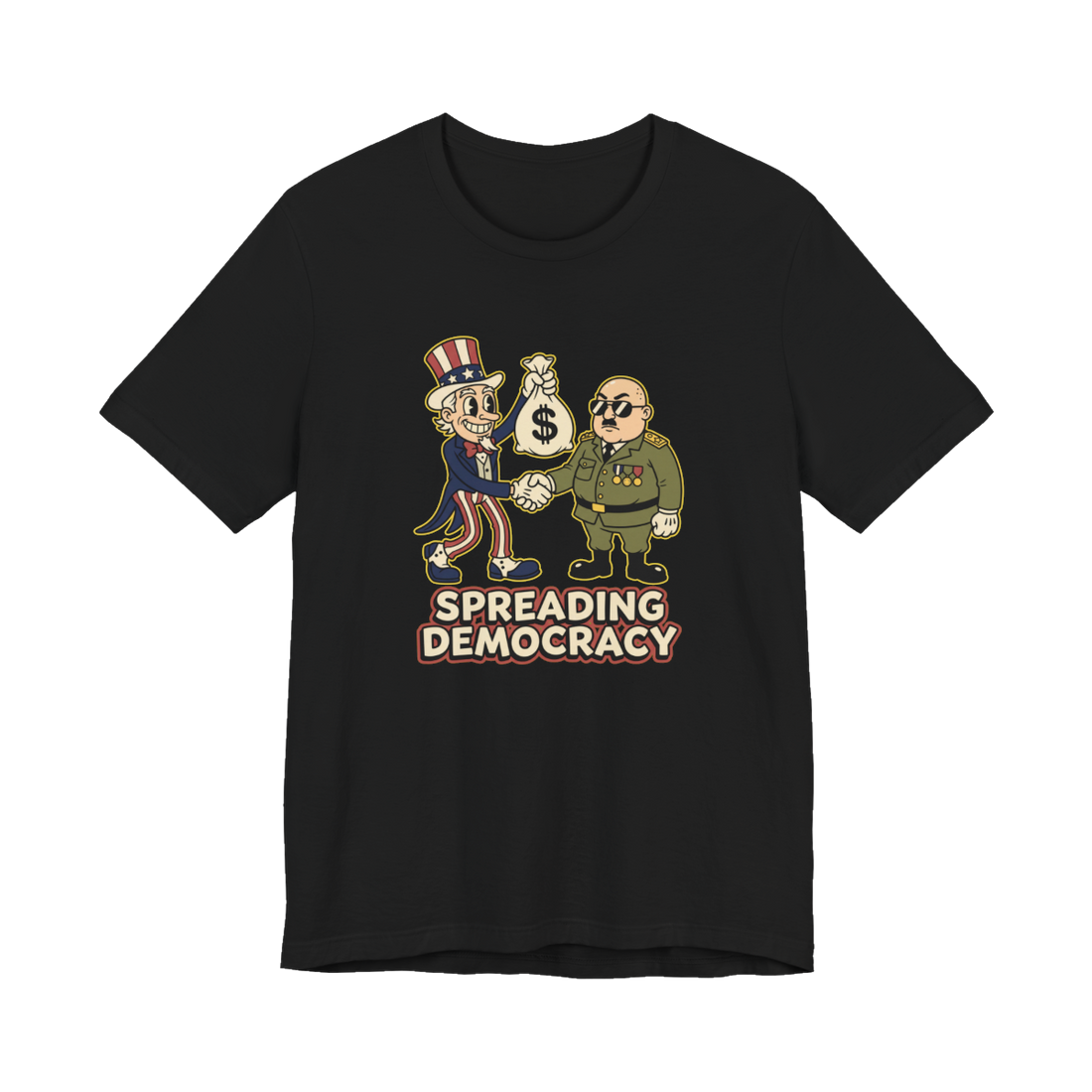 Spreading Democracy T-Shirt — Satirical Retro Cartoon Tee — Black