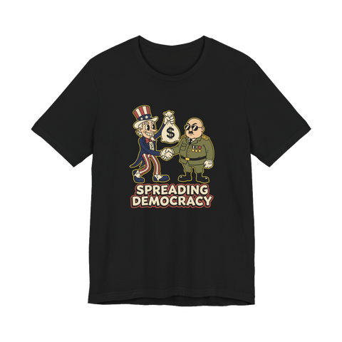 Spreading Democracy T-Shirt — Satirical Retro Cartoon Tee — Black
