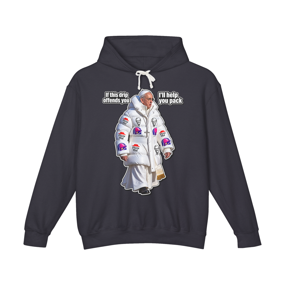 Stuffed Crust Pontiff Hoodie — Funny Pope Francis Puffer Jacket Meme — Black