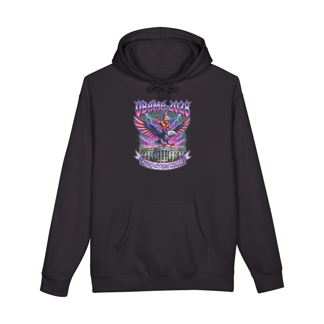 Shirtless Barack Obama with laser eyes riding a cyborg eagle over the White House, on a hoodie — Black