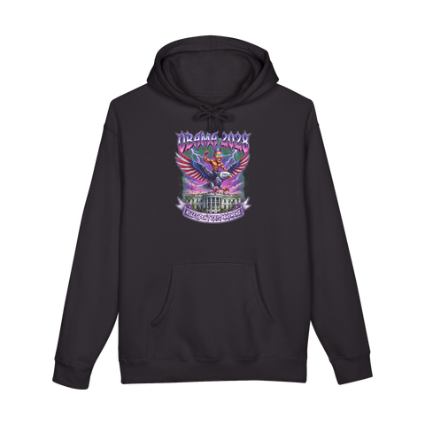 Shirtless Barack Obama with laser eyes riding a cyborg eagle over the White House, on a hoodie — Black