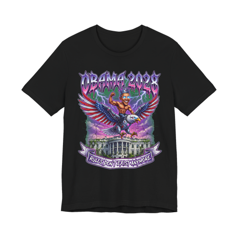 Shirtless Barack Obama with laser eyes riding a cyborg eagle over the White House, on a t-shirt — Black