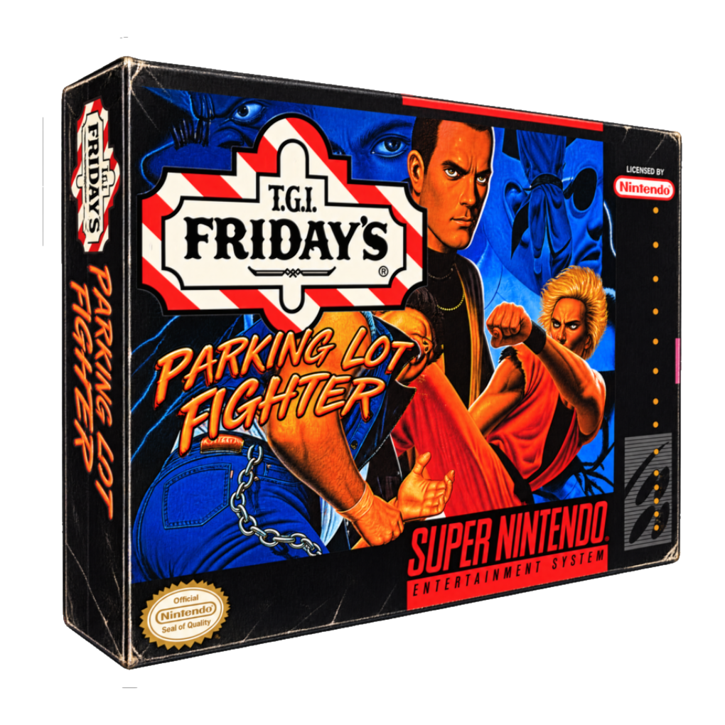 TGI Fridays Parking Lot Fighter Sticker — Funny Retro Gaming — White