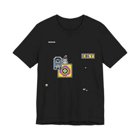 Crowd-painted pixel art mural with a portrait, a robot, a target and a CHET sign, on a t-shirt — Black