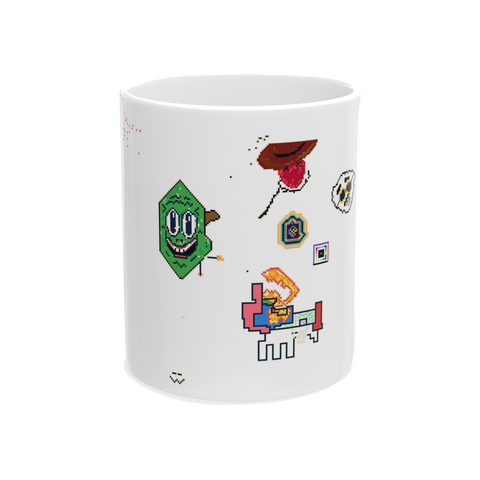 Season 5 community pixel art mural: a grinning green blob, a tongue in a hat, scribbles, on a mug