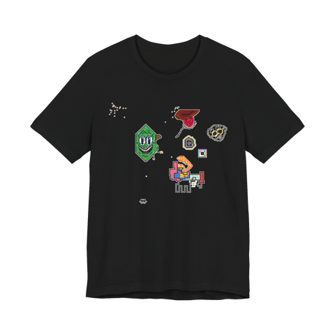 Season 5 community pixel art mural: a grinning green blob, a tongue in a hat, scribbles, on a t-shirt — Black