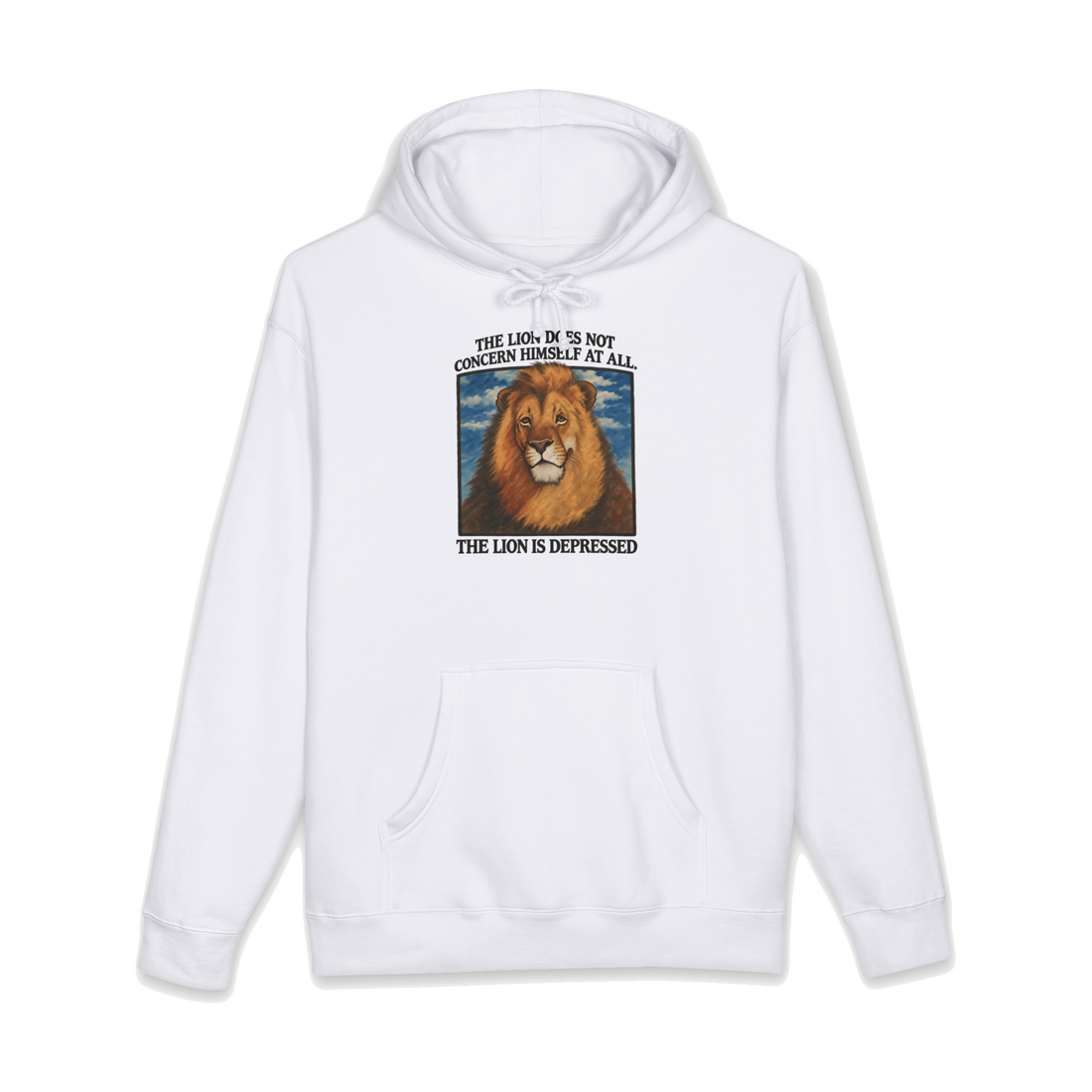 A depressed lion looking exhausted, mocking alpha male hustle culture on a hooded sweatshirt.
