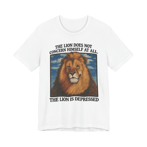Retro illustration of a sad depressed lion staring blankly, subverting the alpha male hustle culture paradigm.