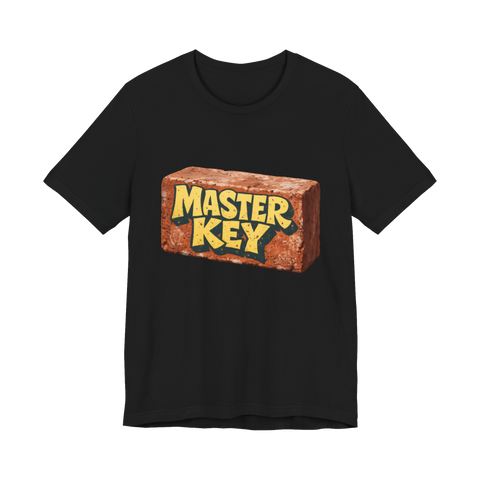 A funny t-shirt featuring an illustration of a brick with bouncy typography reading The Master Key.