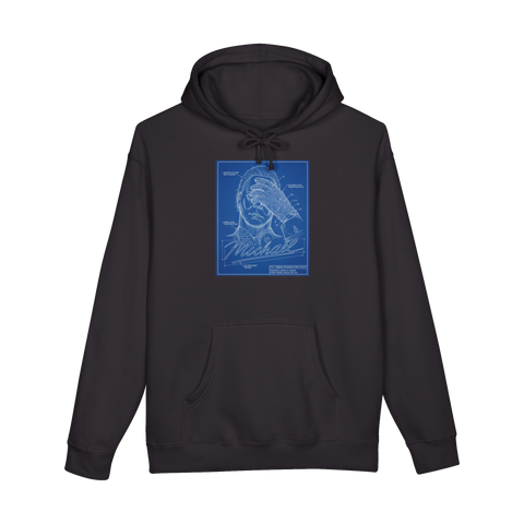 Patent blueprint fusing Michael Myers' mask with Michael Jackson's sequined glove, on a hoodie — Black