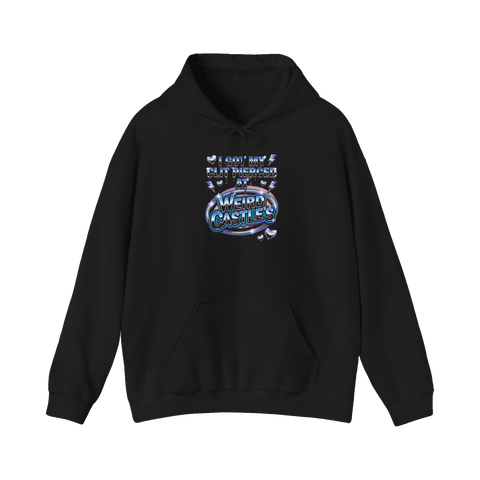 Y2K chrome White Castle-style logo: I GOT MY CLIT PIERCED AT WEIRD CASTLE'S, on a hoodie — Black