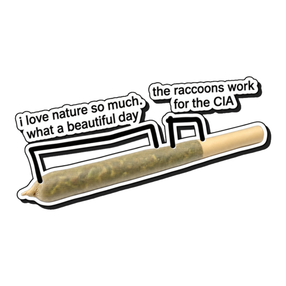 A funny weed meme sticker that implies raccoons work for the CIA, perfect for paranoid stoners.