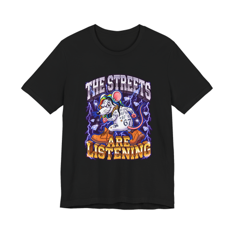 Cartoon rat in a 67 jersey under purple lightning, THE STREETS ARE LISTENING, on a t-shirt — Black