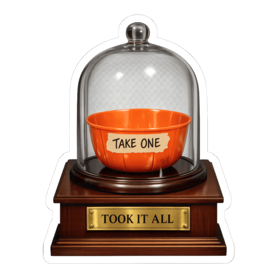 Empty Take One Halloween candy bowl in a museum dome, plaque: Took It All, on a sticker — White