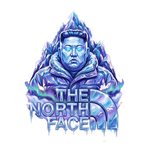 A parody sticker of an outdoor apparel brand logo featuring the face of Kim Jong Un and the words The True North Face.