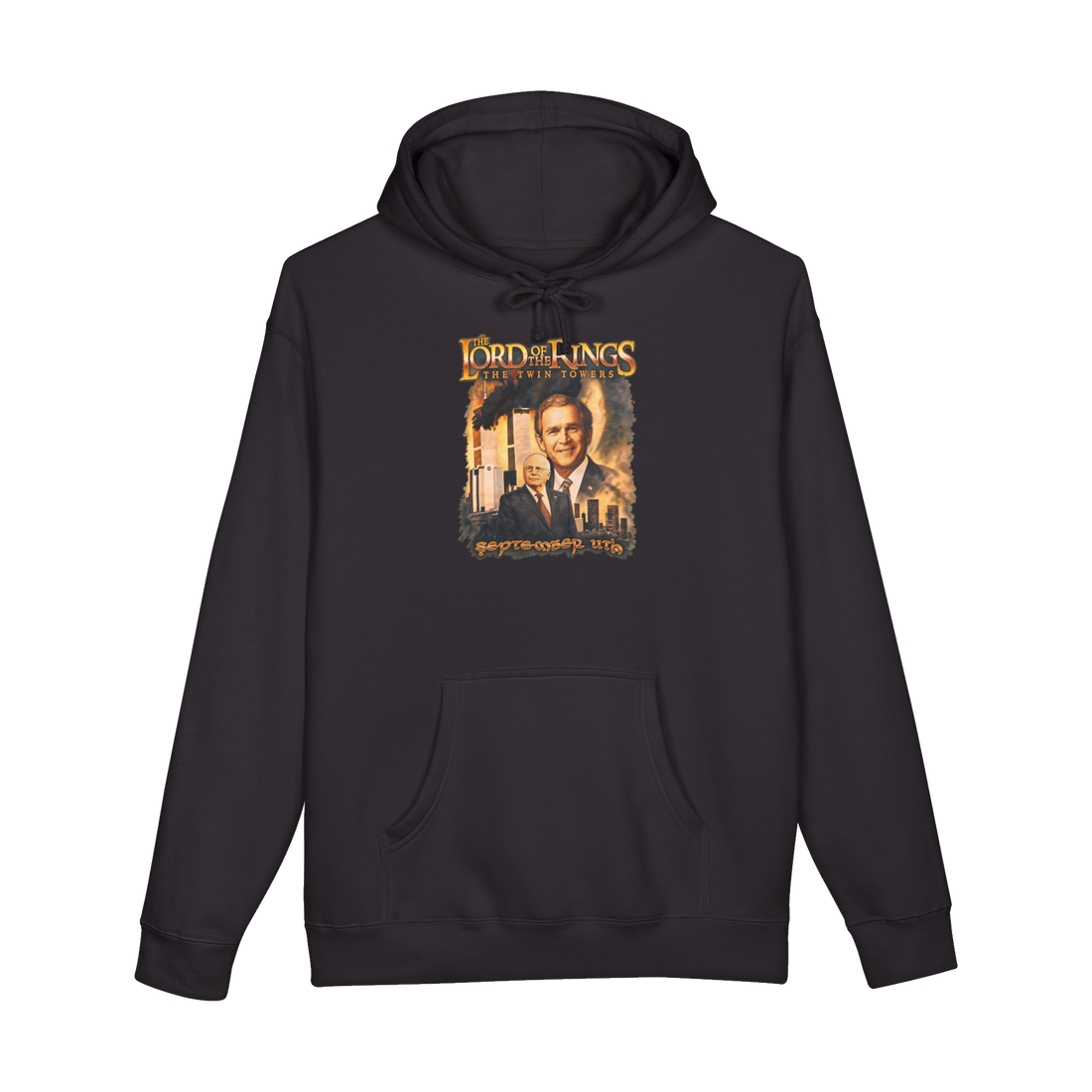 A dark humor hoodie parodying a fantasy movie poster with George W Bush and Dick Cheney titled The Twin Towers.