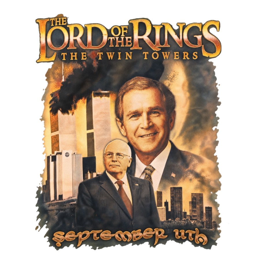 George W Bush and Dick Cheney in a 2001 Twin Towers movie poster crossover parody sticker.
