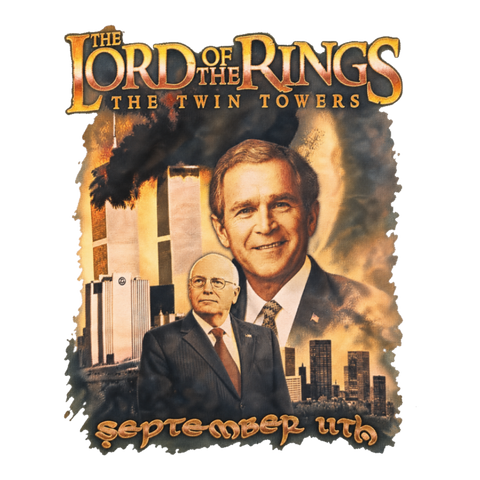 George W Bush and Dick Cheney in a 2001 Twin Towers movie poster crossover parody sticker.