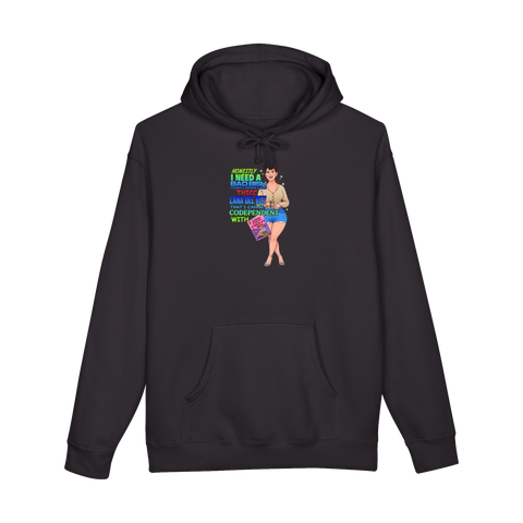 A graphic hoodie featuring a nostalgic, chaotic 2000s WordArt meme about Lana Del Rey and codependency.
