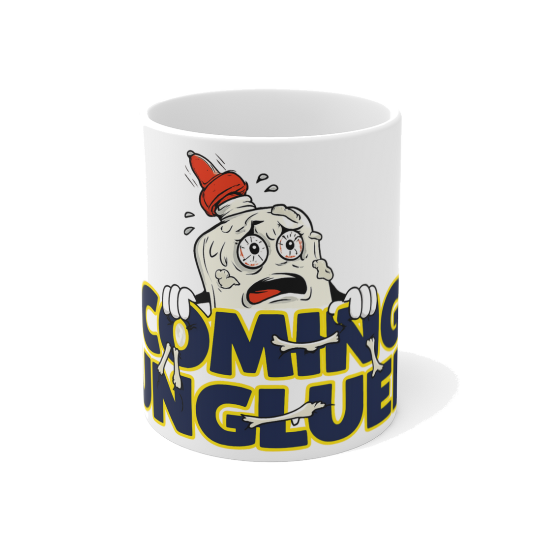 Total Structural Failure ceramic coffee mug featuring a parody superglue hazard label.