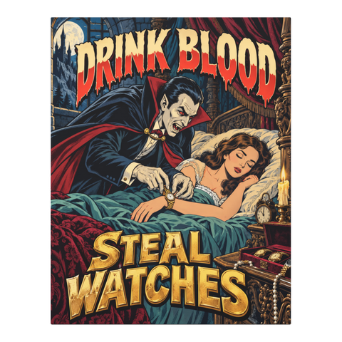 Dracula stealing a sleeping woman's gold watch under DRINK BLOOD STEAL WATCHES, on canvas wall art — 0.75''