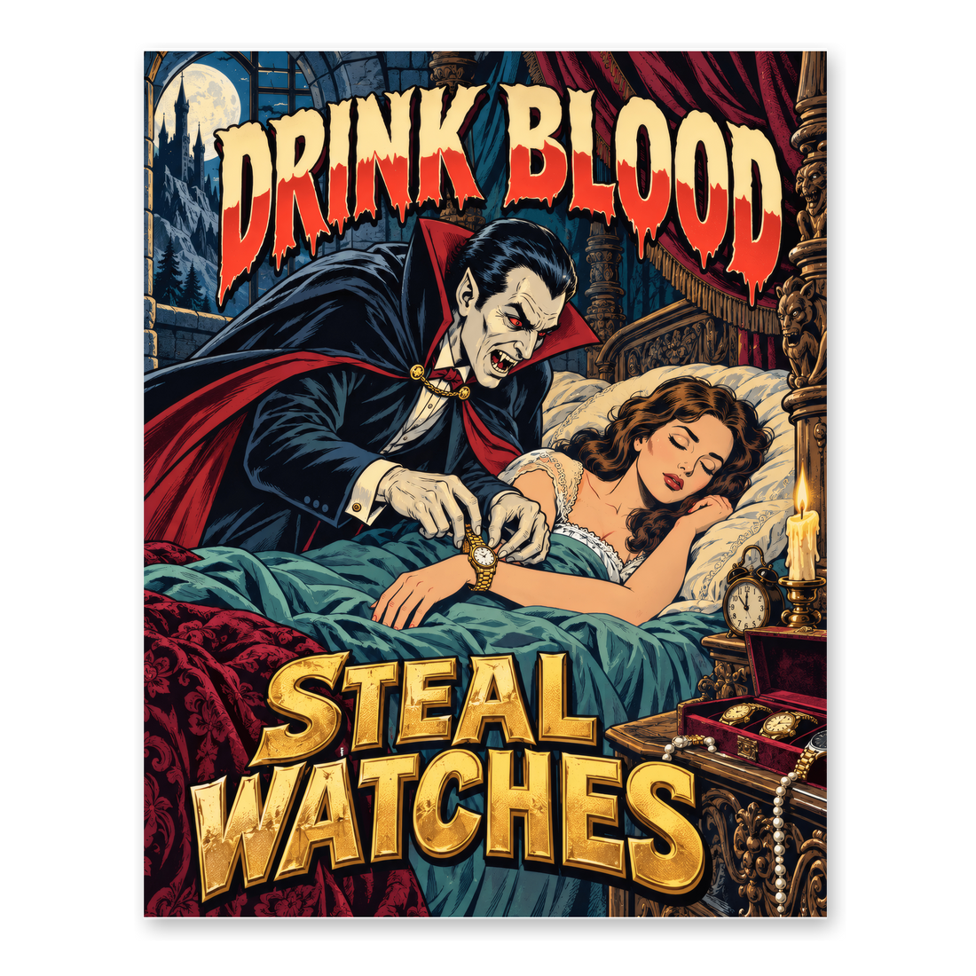 Dracula stealing a sleeping woman's gold watch under DRINK BLOOD STEAL WATCHES, on a poster