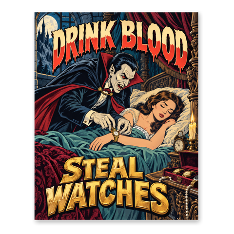 Dracula stealing a sleeping woman's gold watch under DRINK BLOOD STEAL WATCHES, on a poster