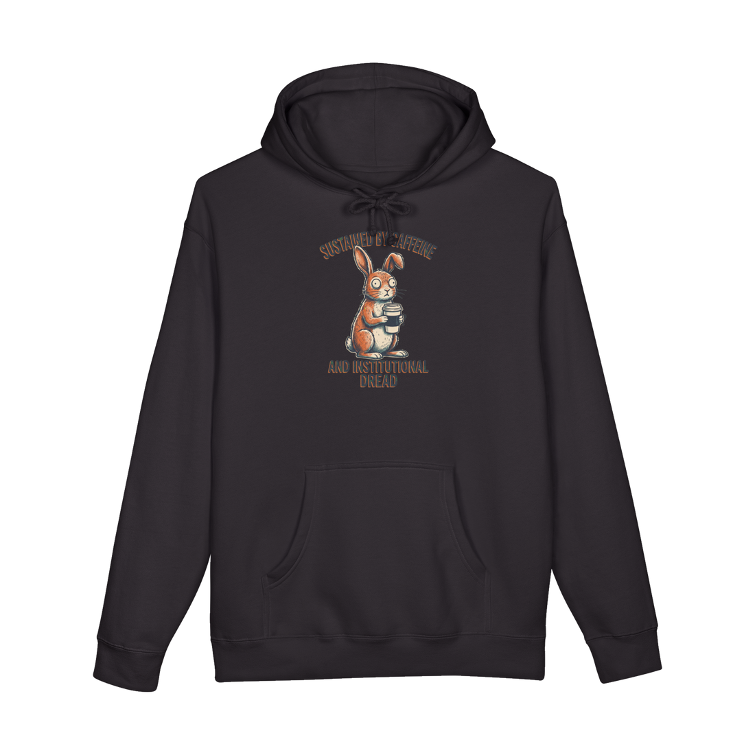 A funny hoodie featuring a traumatized unblinking cartoon rabbit staring blankly after seeing the Q3 roadmap.