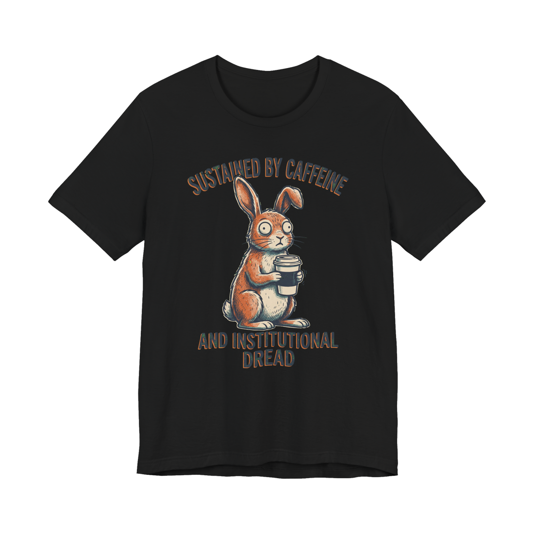 Funny corporate t-shirt featuring a traumatized cartoon rabbit staring wide-eyed after seeing the Q3 roadmap.