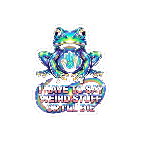A brightly colored 80s airbrush style frog with text reading Unintelligible For My Own Safety.