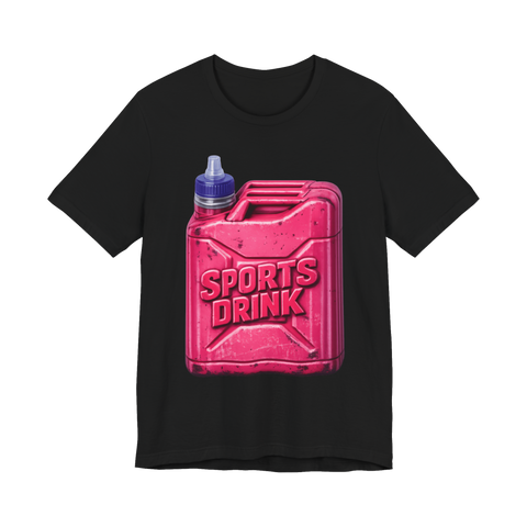 Metal jerrycan for gasoline with a sports-bottle pull cap and SPORTS DRINK stamped on it, on a t-shirt — Black