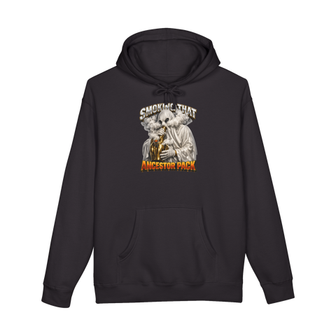 Sheet ghost ripping a ghost bong made from a brass urn: Smoking That Ancestor Pack, on a hoodie — Black