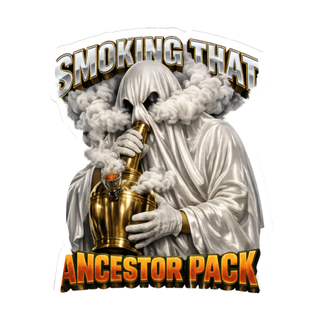 Sheet ghost ripping a ghost bong made from a brass urn: Smoking That Ancestor Pack, on a sticker — White