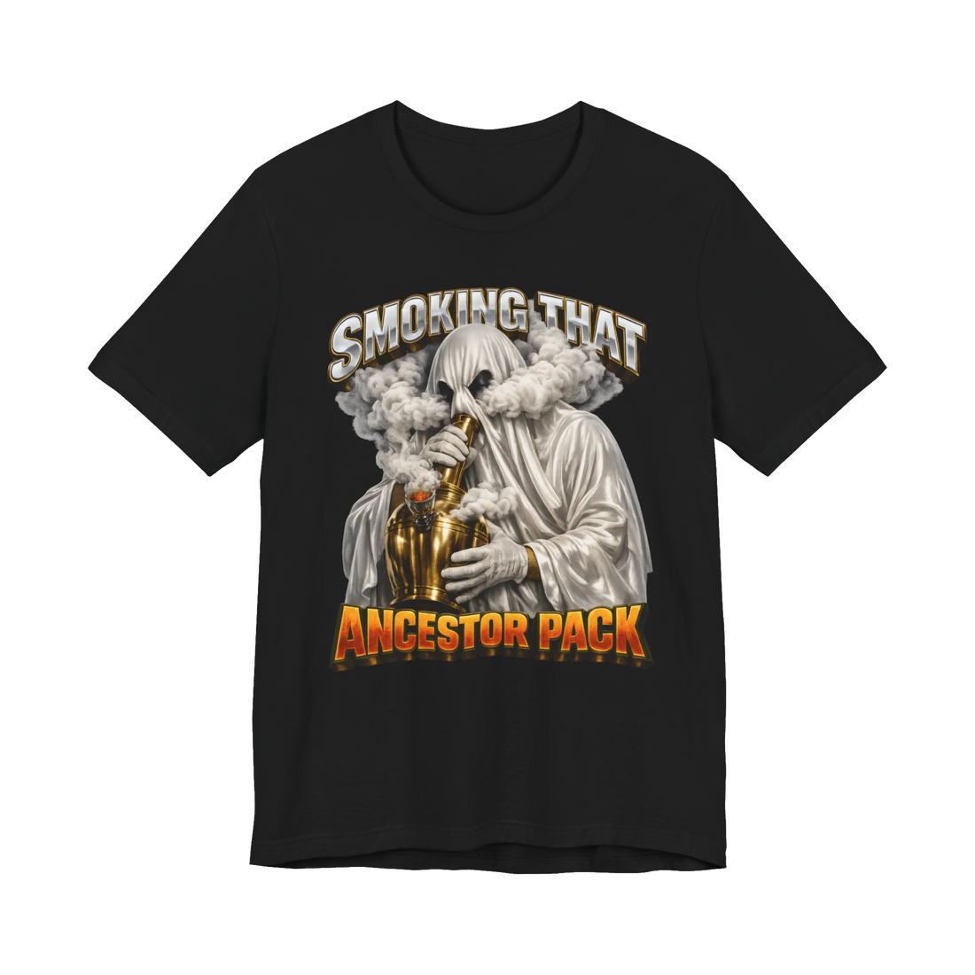 Sheet ghost ripping a ghost bong made from a brass urn: Smoking That Ancestor Pack, on a t-shirt — Black