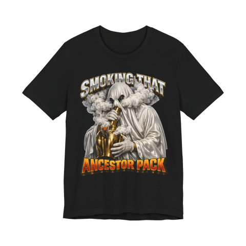 Sheet ghost ripping a ghost bong made from a brass urn: Smoking That Ancestor Pack, on a t-shirt — Black