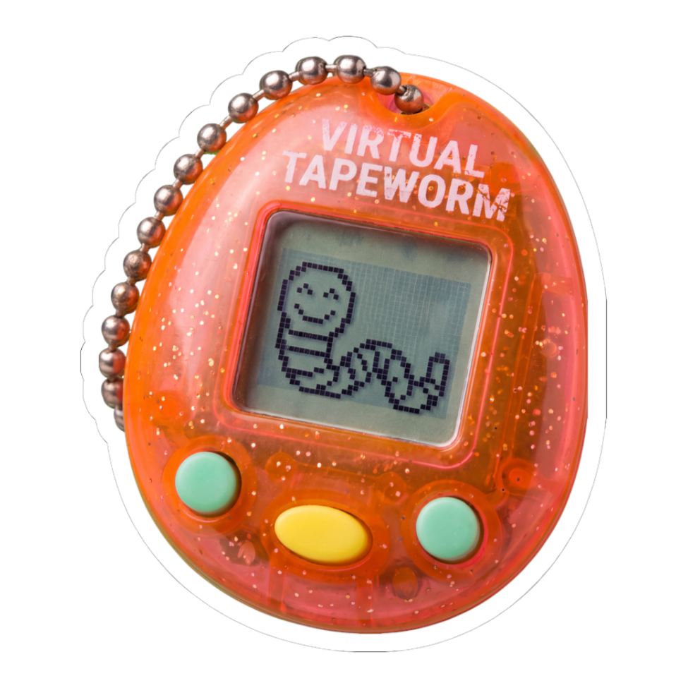 Tamagotchi-style keychain toy whose pixel pet is a smiling tapeworm, on a sticker — White