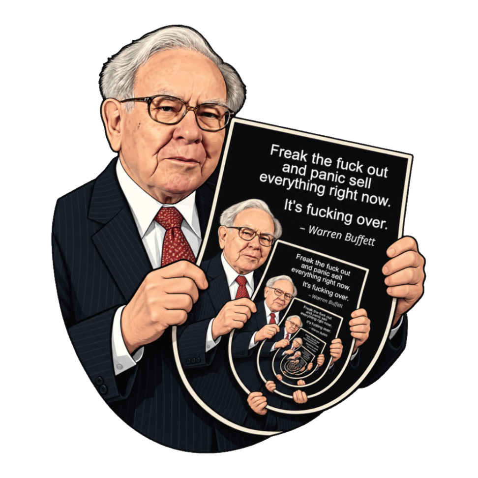 Warren Buffett Panic Sell Loop Sticker — Funny Finance Meme — White
