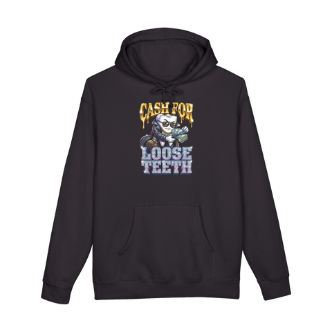 Gangster tooth in shades and gold chain counting cash under CASH FOR LOOSE TEETH, on a hoodie — Black