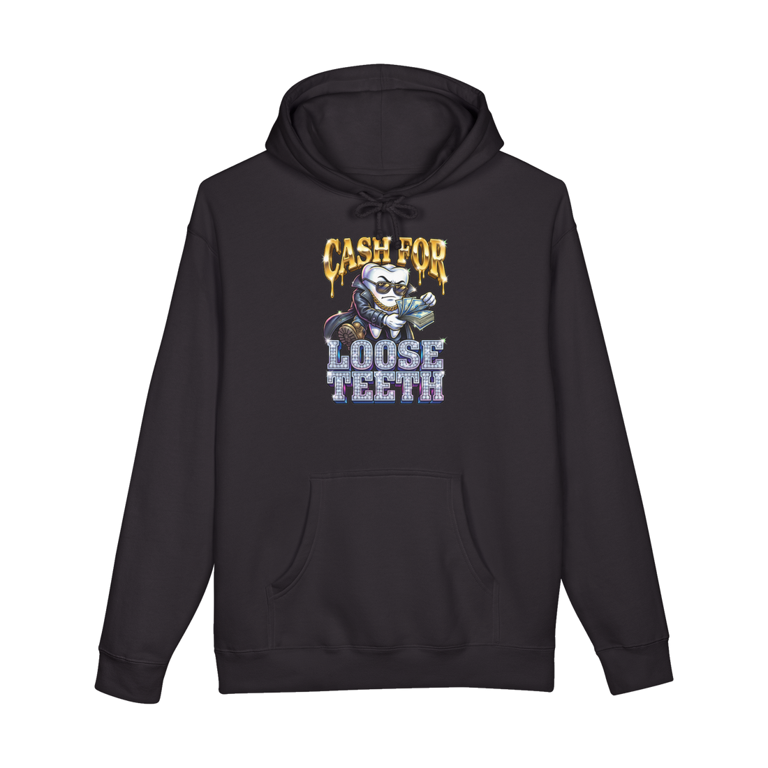 Gangster tooth in shades and gold chain counting cash under CASH FOR LOOSE TEETH, on a hoodie — Black