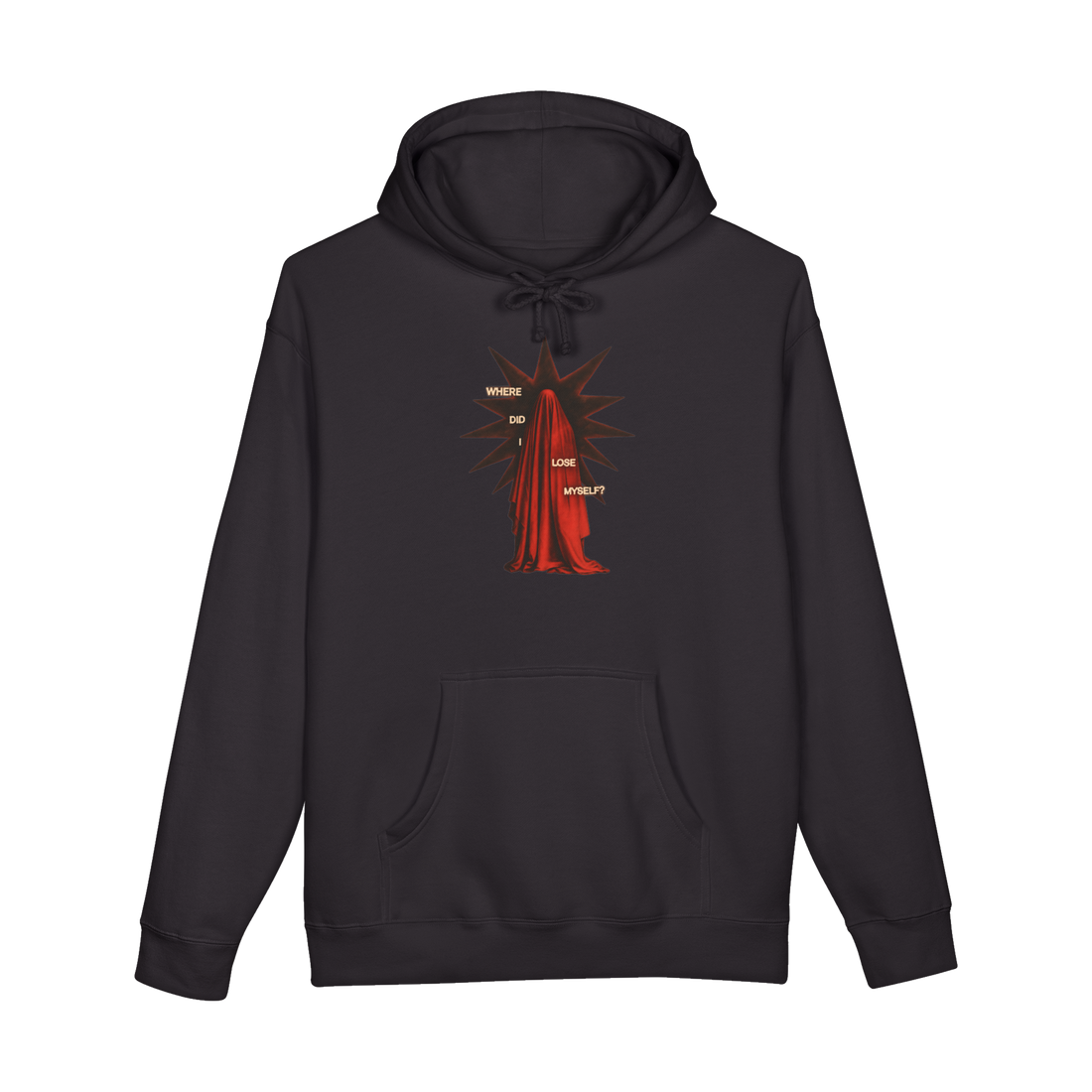 Where Did I Lose Myself Hoodie — Red Draped Figure Existential Art — Black