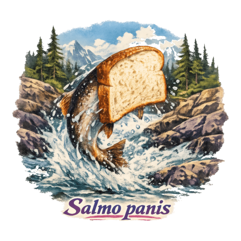 Fly fishing scene: trout leaping from a river with a white bread slice head, on a sticker — White