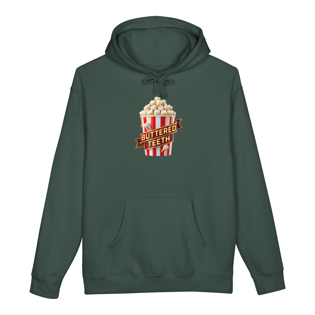 Extra Butter Molars — Cursed Teeth Popcorn Hoodie — Alpine Green