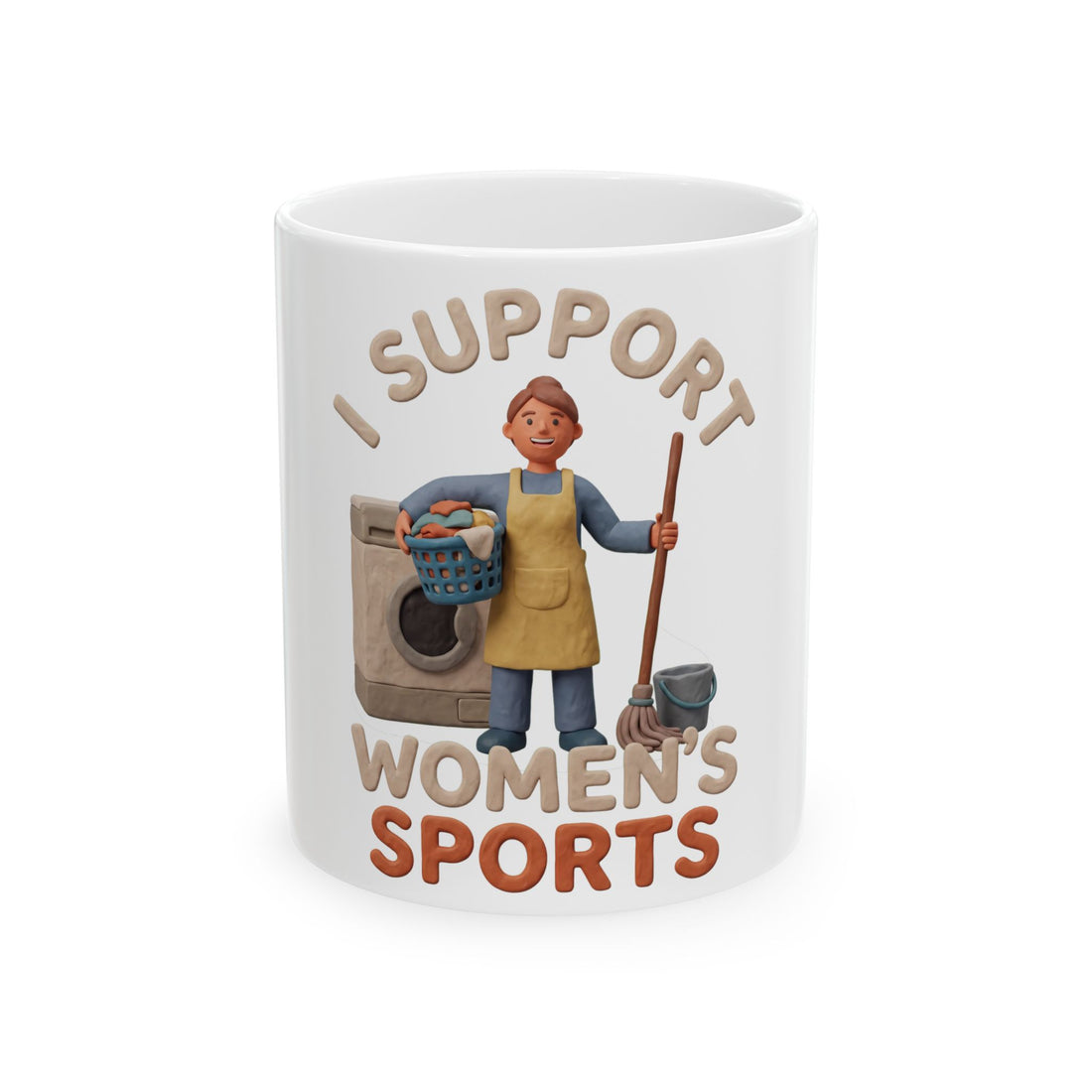 Mug featuring The Unpaid Domestic Decathlon text, listing household endurance events like competitive aggressive sighing