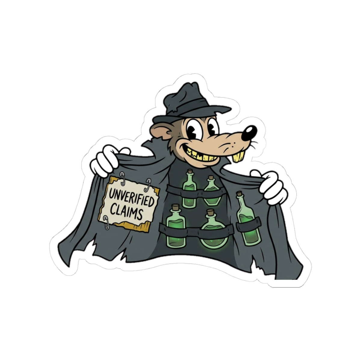 A funny meme sticker featuring a diseased rodent in a trench coat selling premium unverified claims.