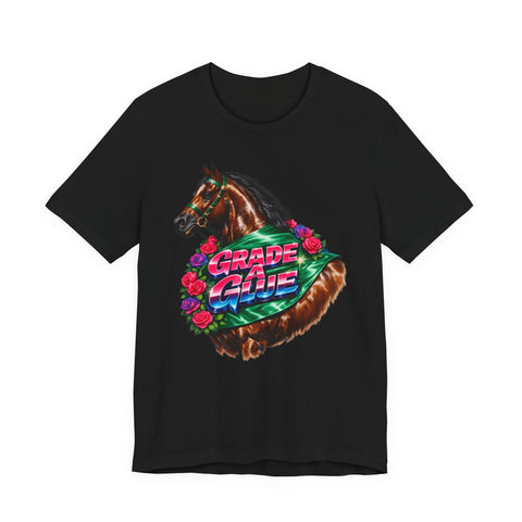 Grade A Glue Champion T-Shirt — Vintage Airbrush Racehorse Horse Dark